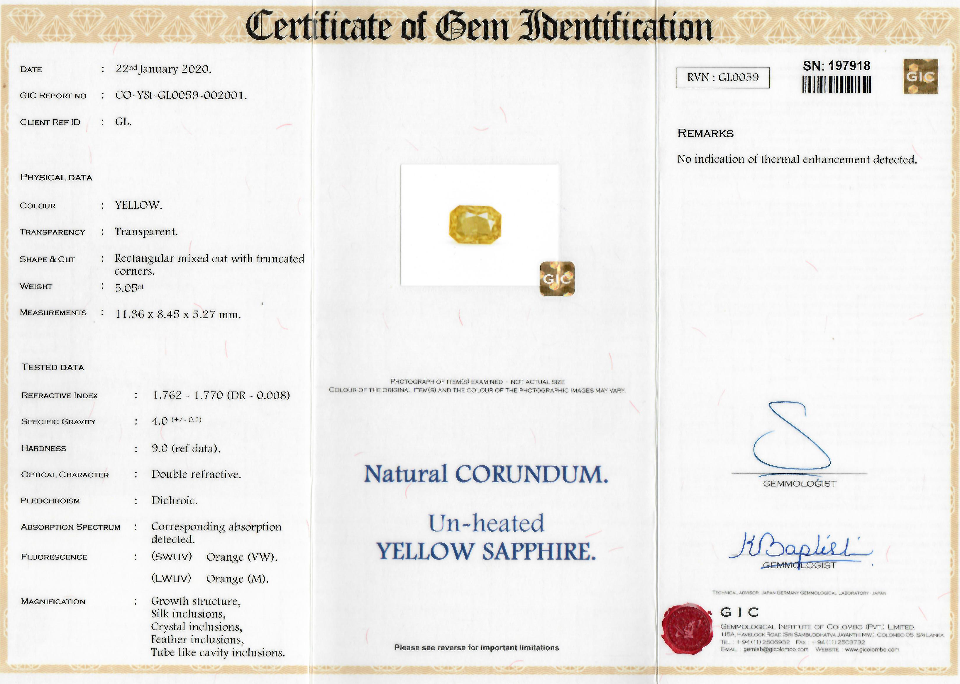 1 Unheated Yellow Sapphire 5.05 Carats