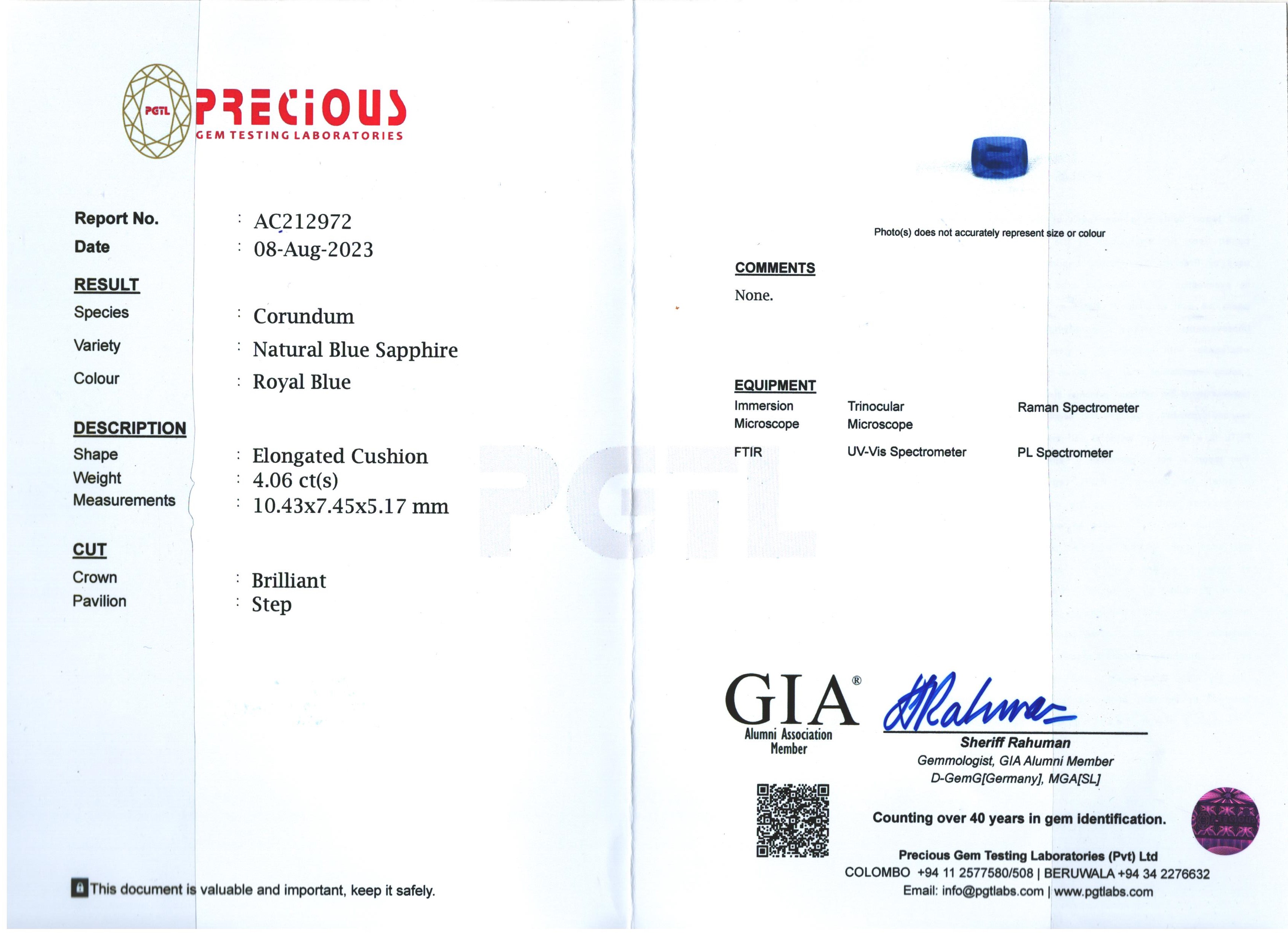 1 Blue Sapphire 4.06 Carats