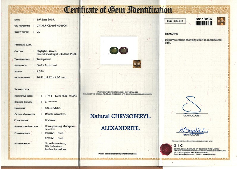 1 Alexandrite 4.09 Carats