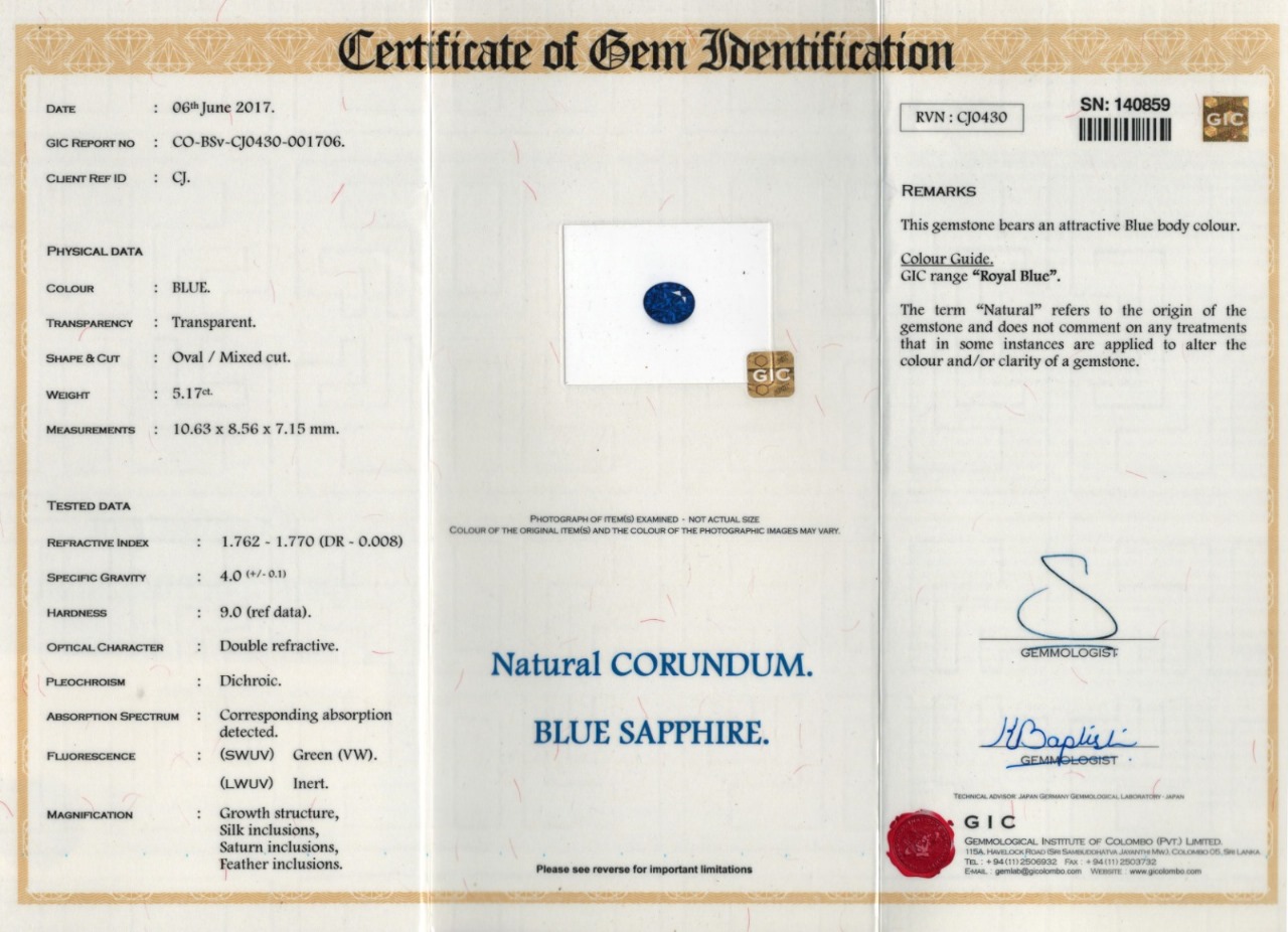 1 Blue Sapphire 5.17 Carats
