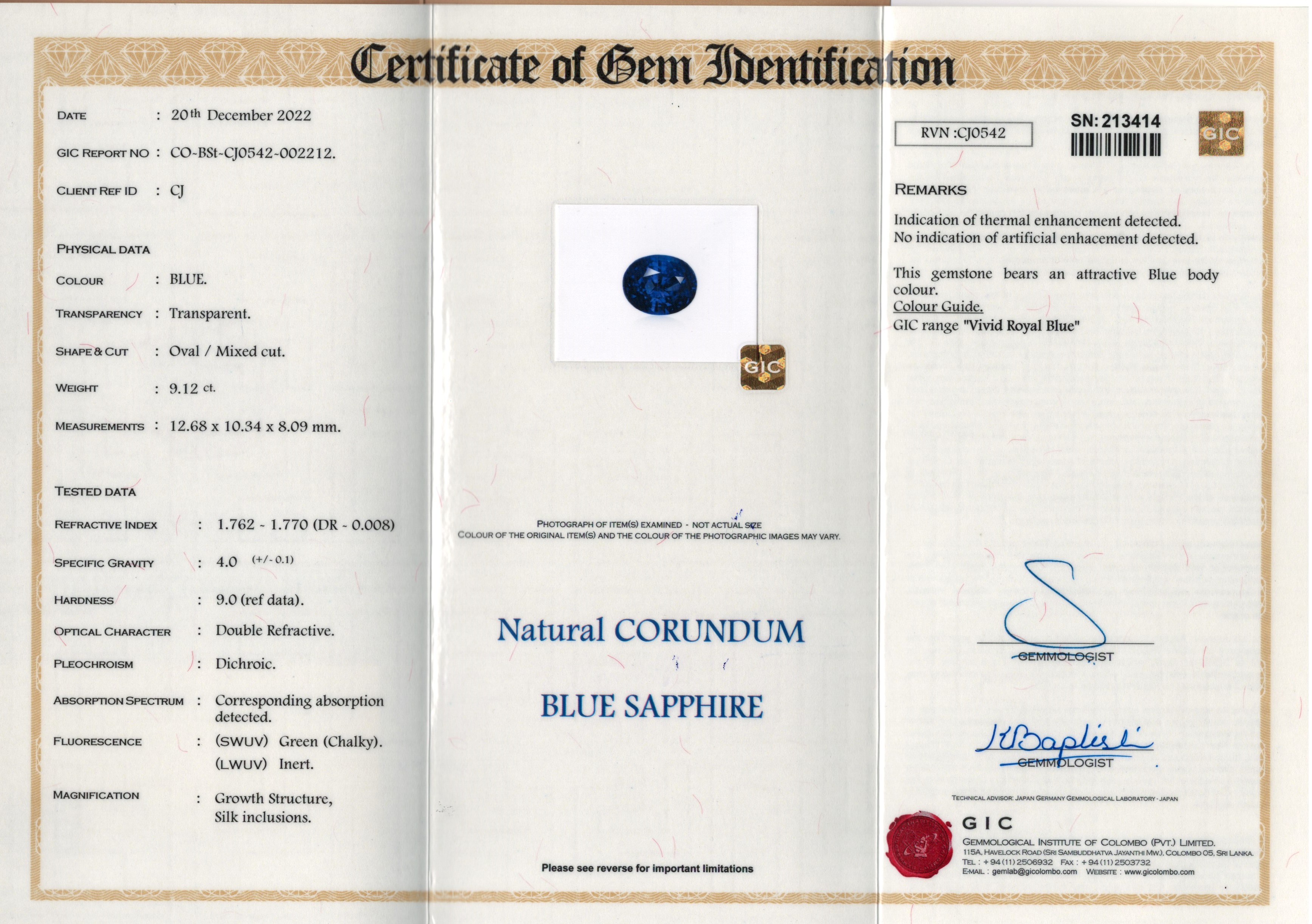 1 Blue Sapphire 9.12 Carats