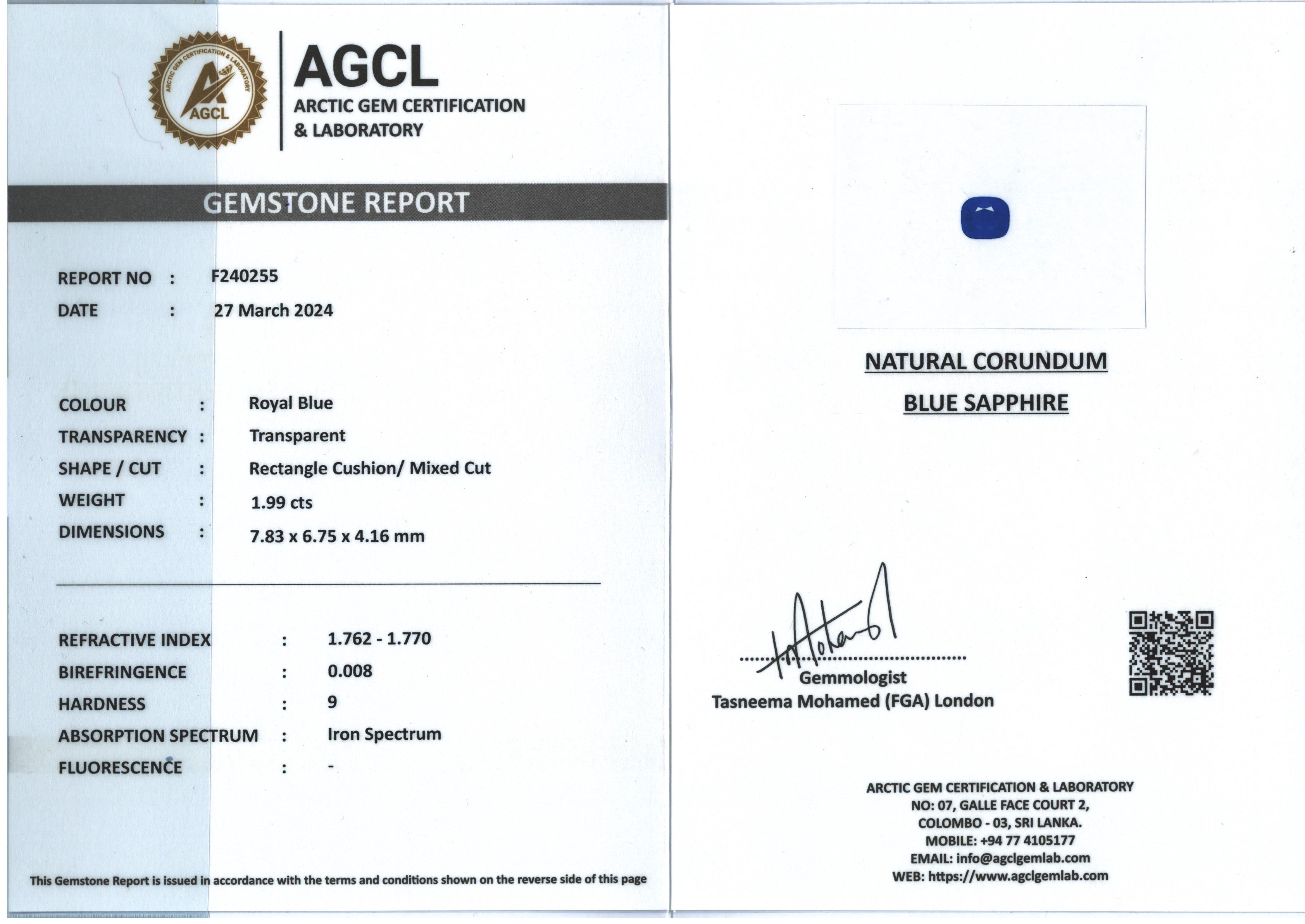 1 Blue Sapphire 1.99 Carats