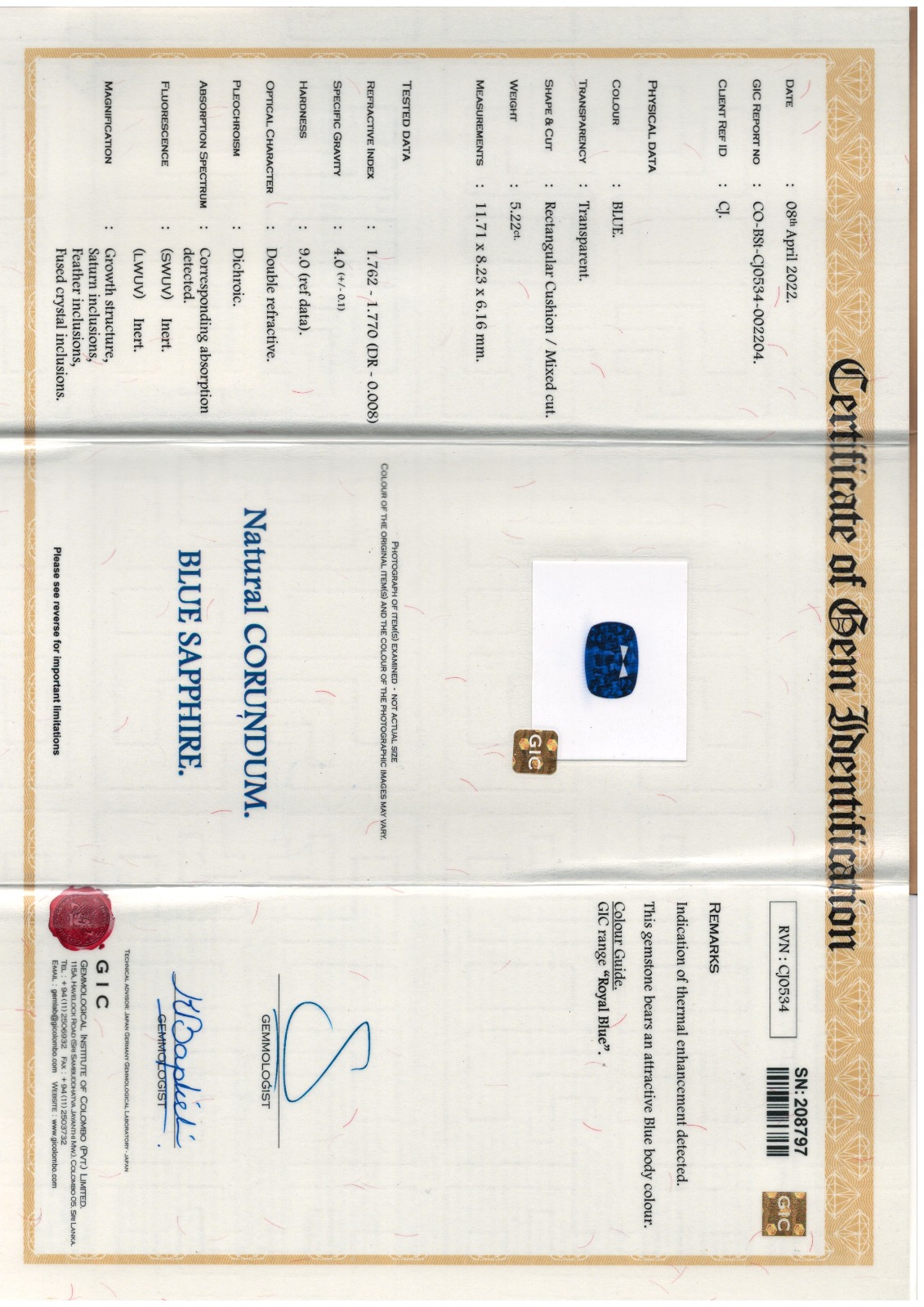 1 Blue Sapphire 5.22 Carats