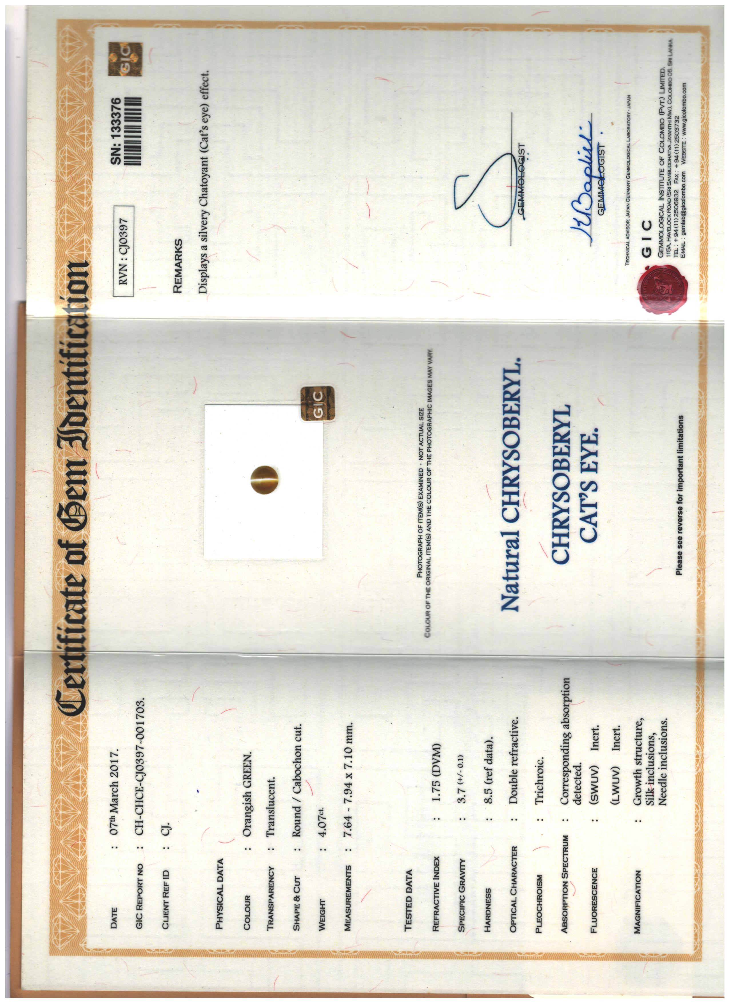 1 Cats Eye 4.07 Carats