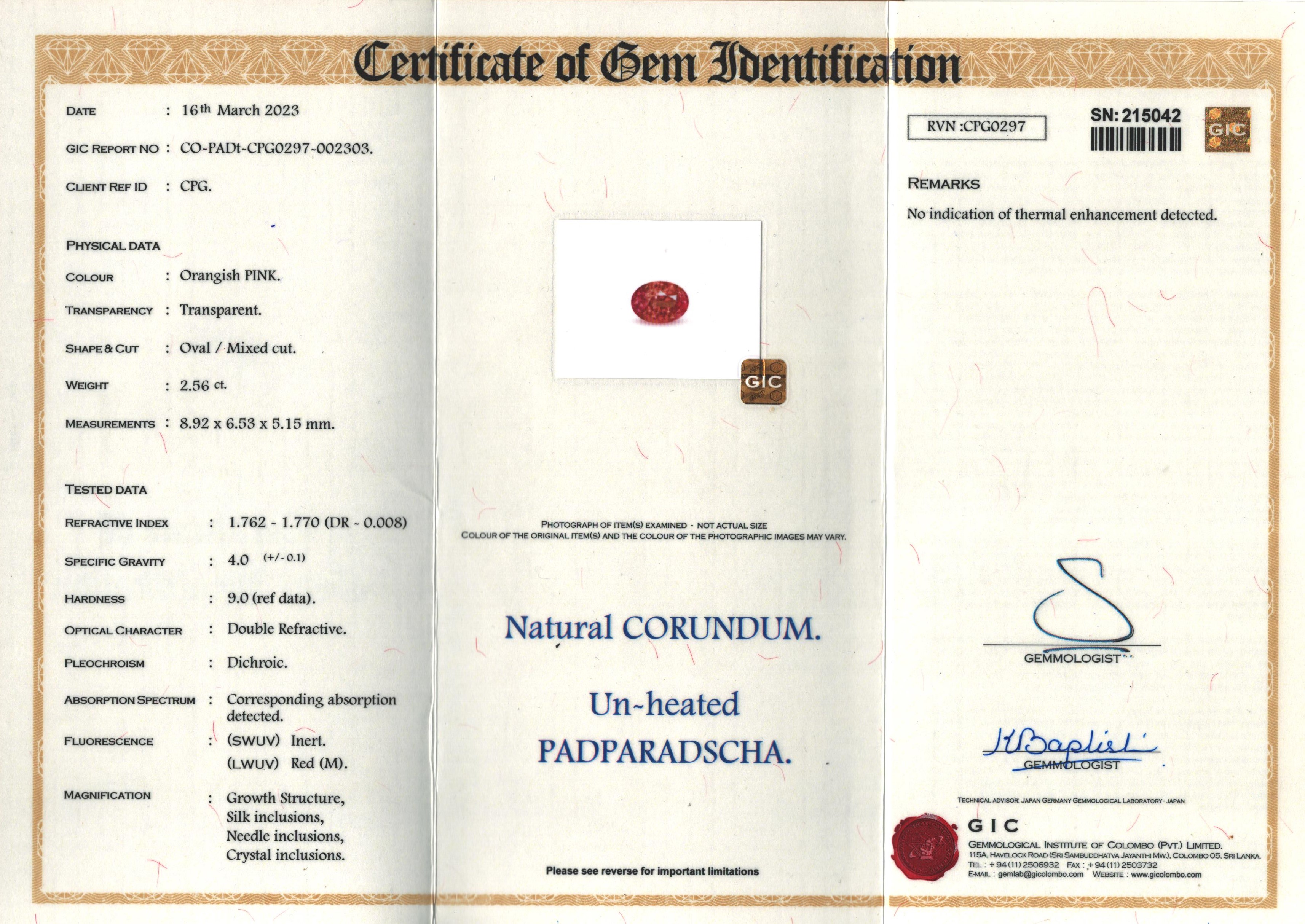 1 Unheated Padparadscha 2.56 Carats