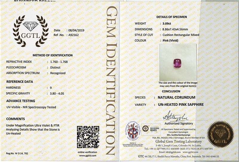 1 Pink Sapphire 3.09 Carats