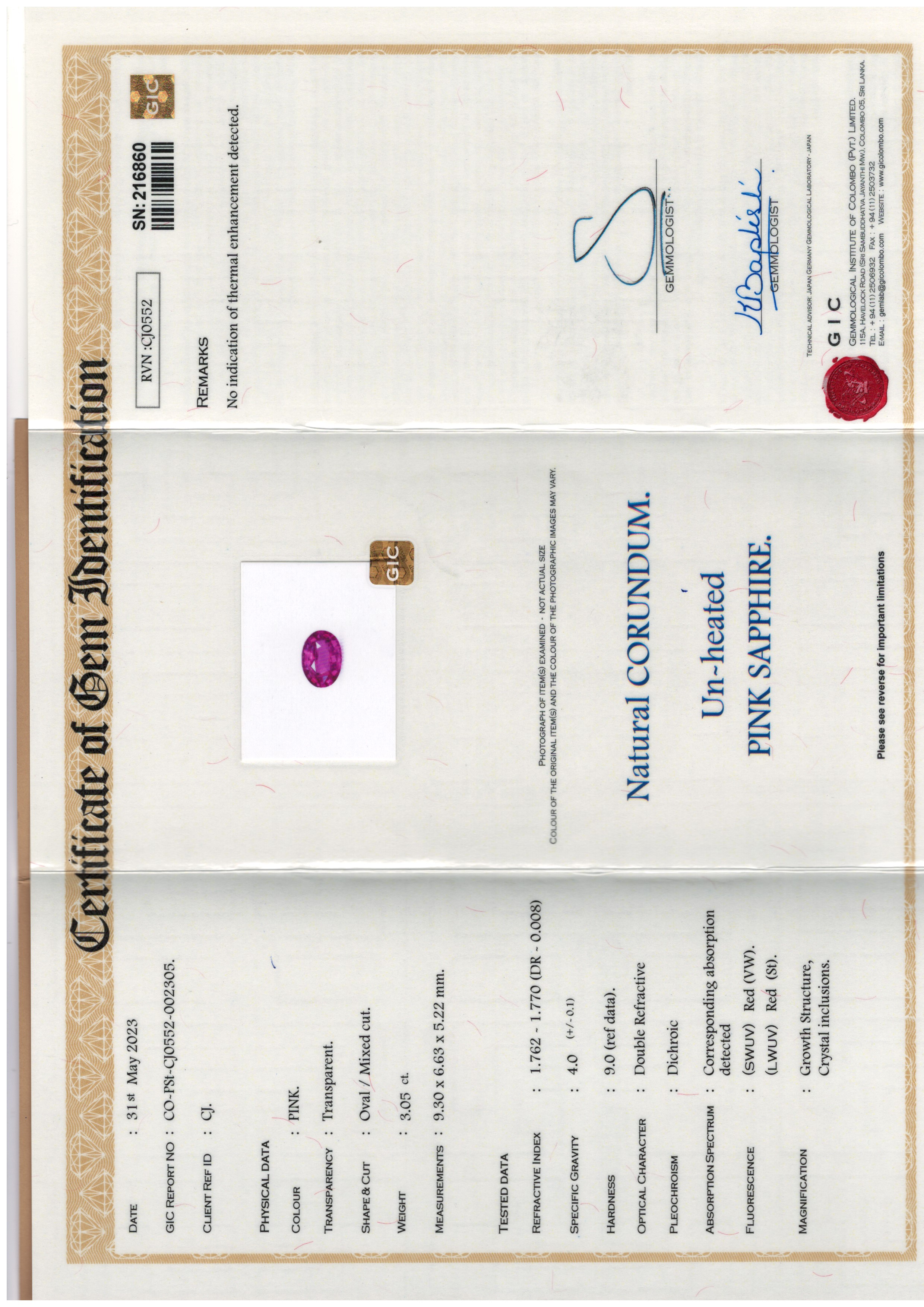 1 Unheated Pink Sapphire 3.05 Carats