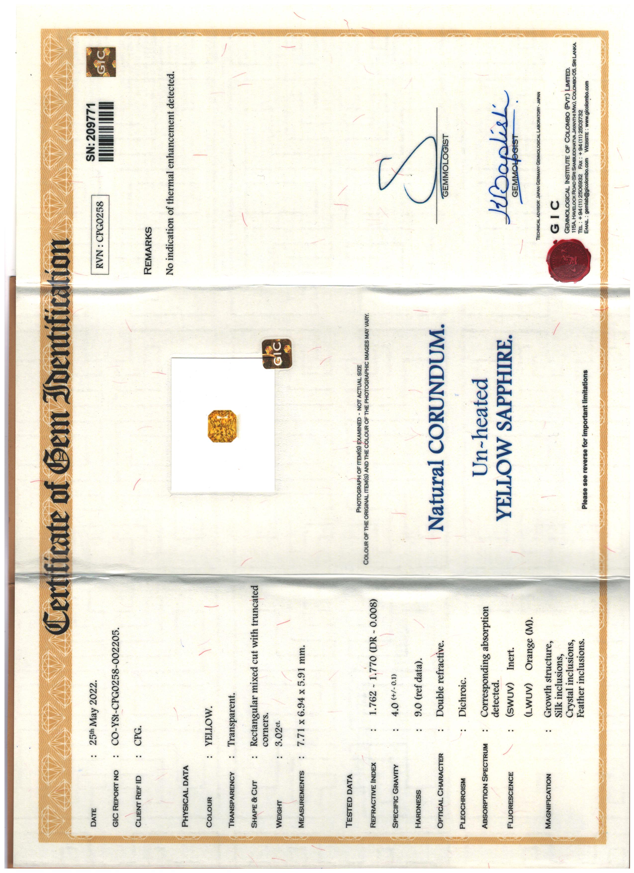 1 Unheated Yellow Sapphire 3.02 Carats