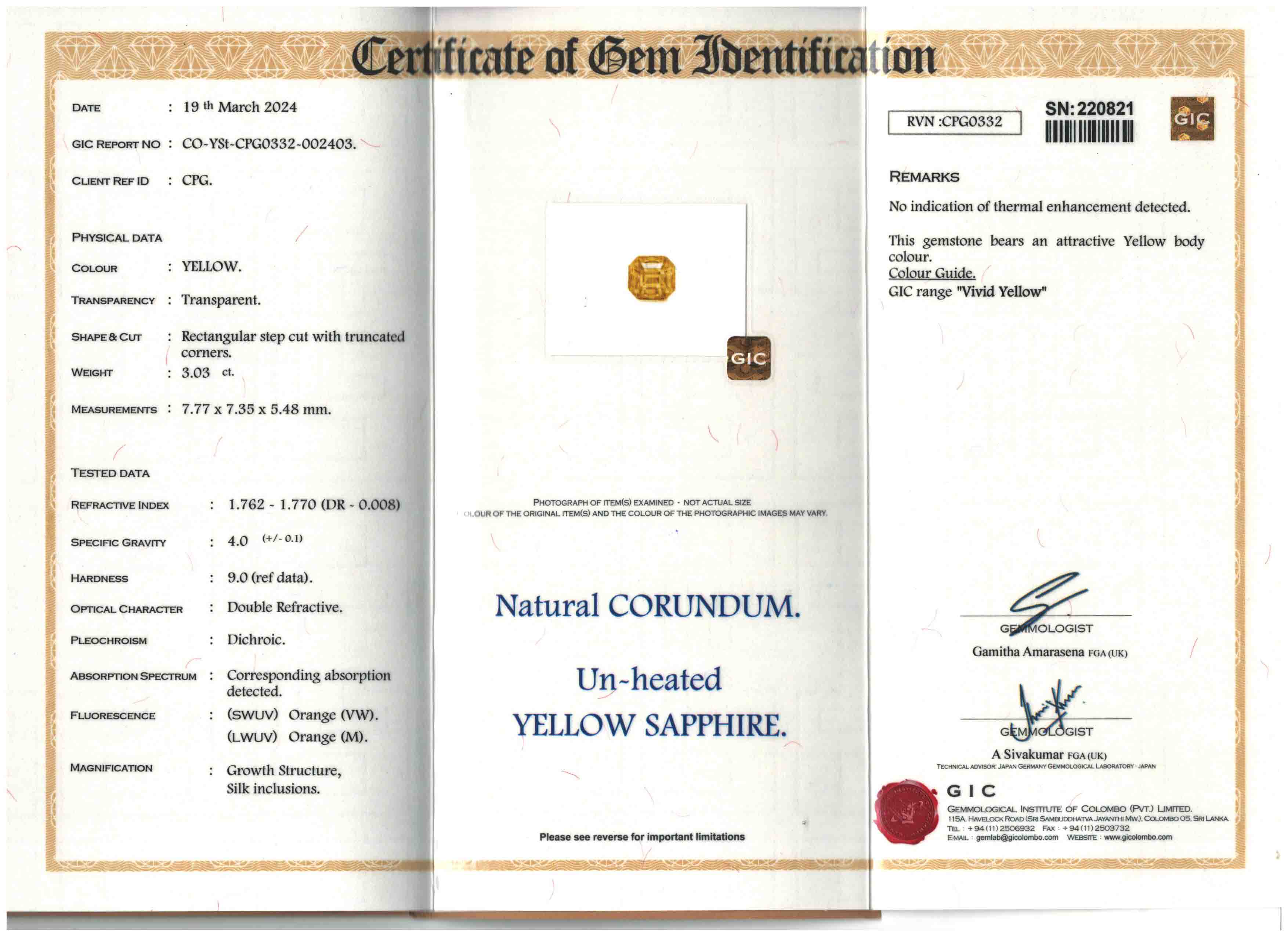 1 Unheated Yellow Sapphire 3.03 Carats