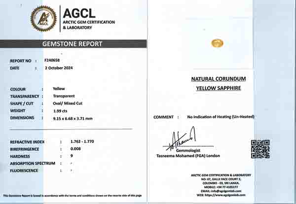 1 Unheated Yellow Sapphire 2.00 Carats