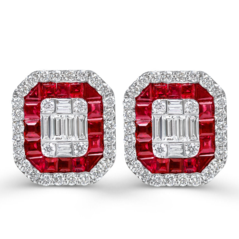 White Gold Ruby and Diamond Earrings